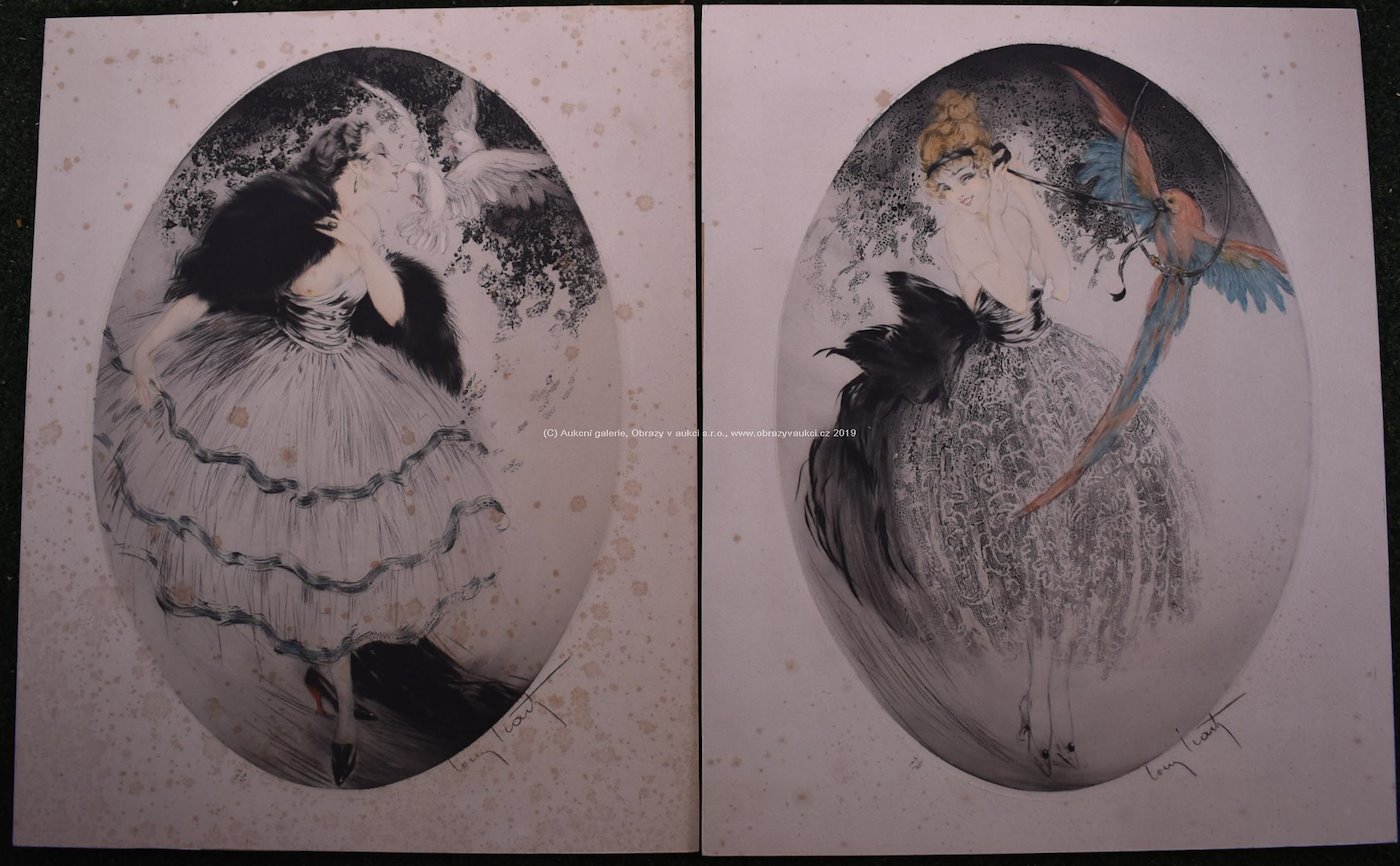 Louis Icart - Soubor 2 grafických listů: Dáma s papouškem a Dáma s holubicí