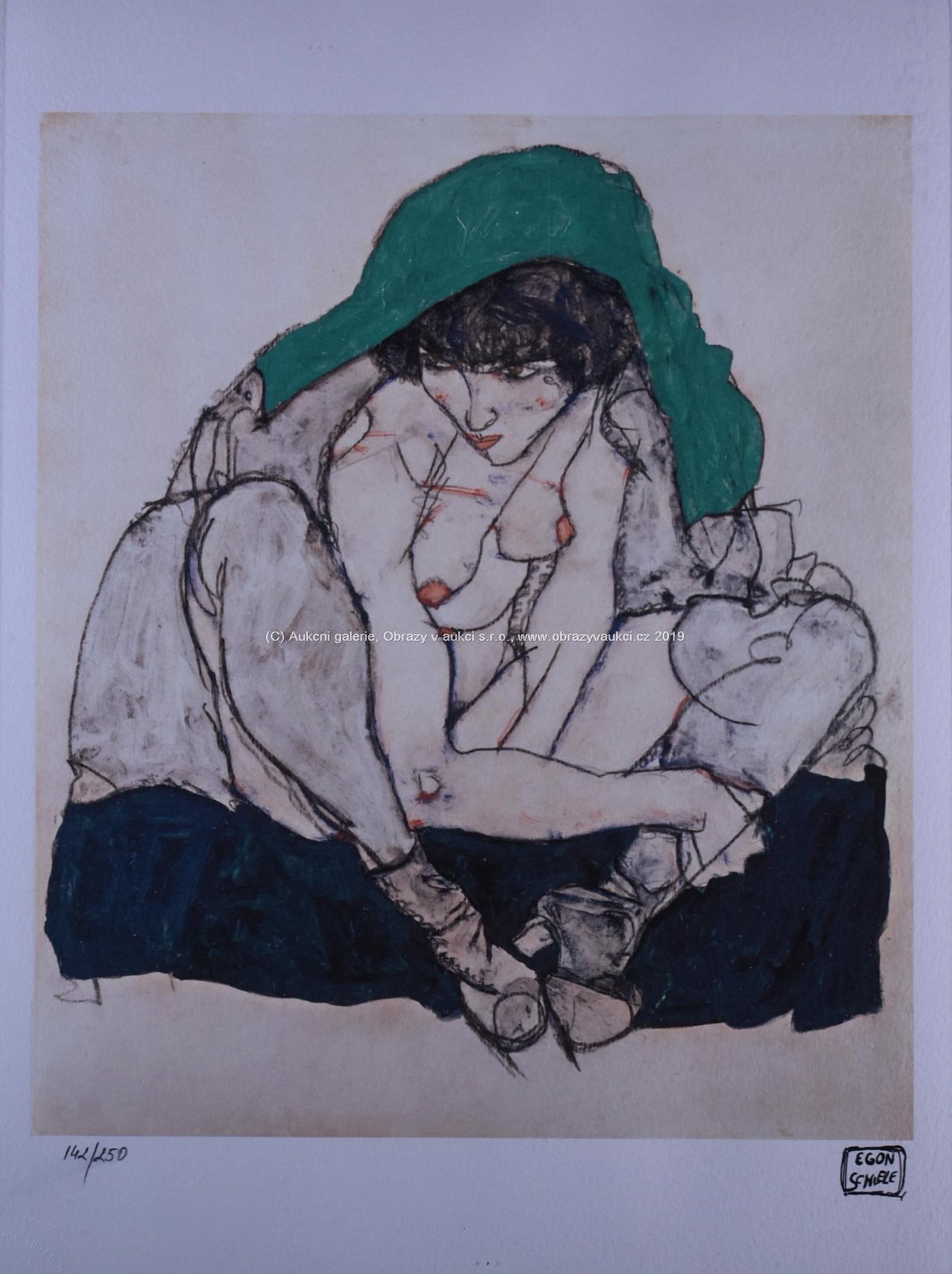 Egon Schiele - Kauernde mit grünem Kopftuch