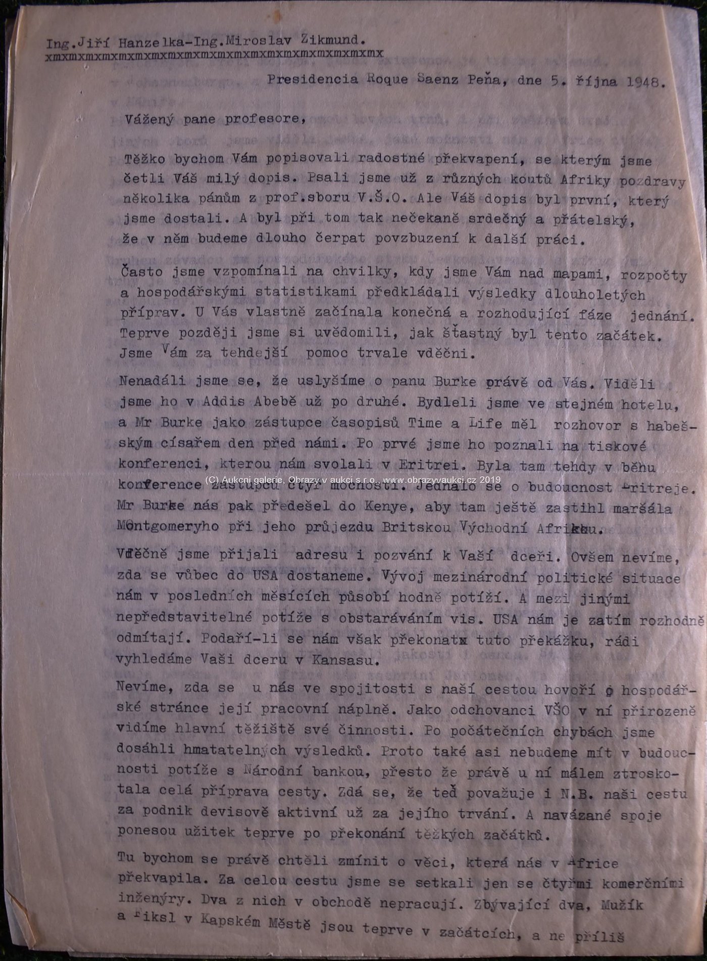 Hanzelka, Zikmund - Dopis J.Hanzelky a M.Zikmunda prof.Hornovy z 5.10.1948