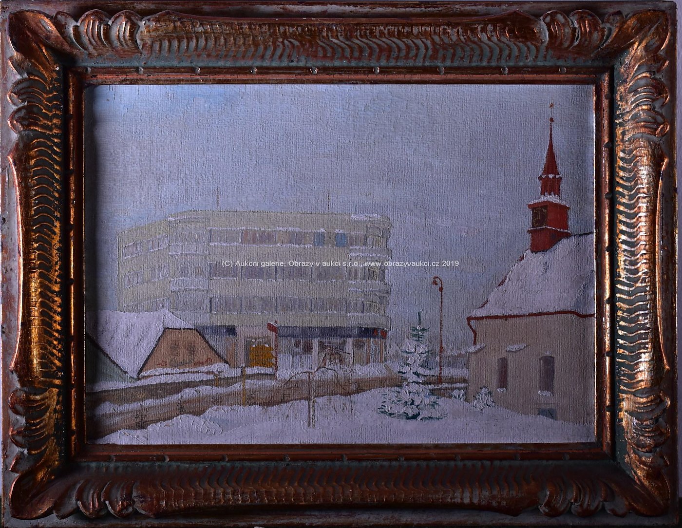český malíř první poloviny 20. století - Havlíčkův Brod v zimě-U kostela Sv.Kateřiny 