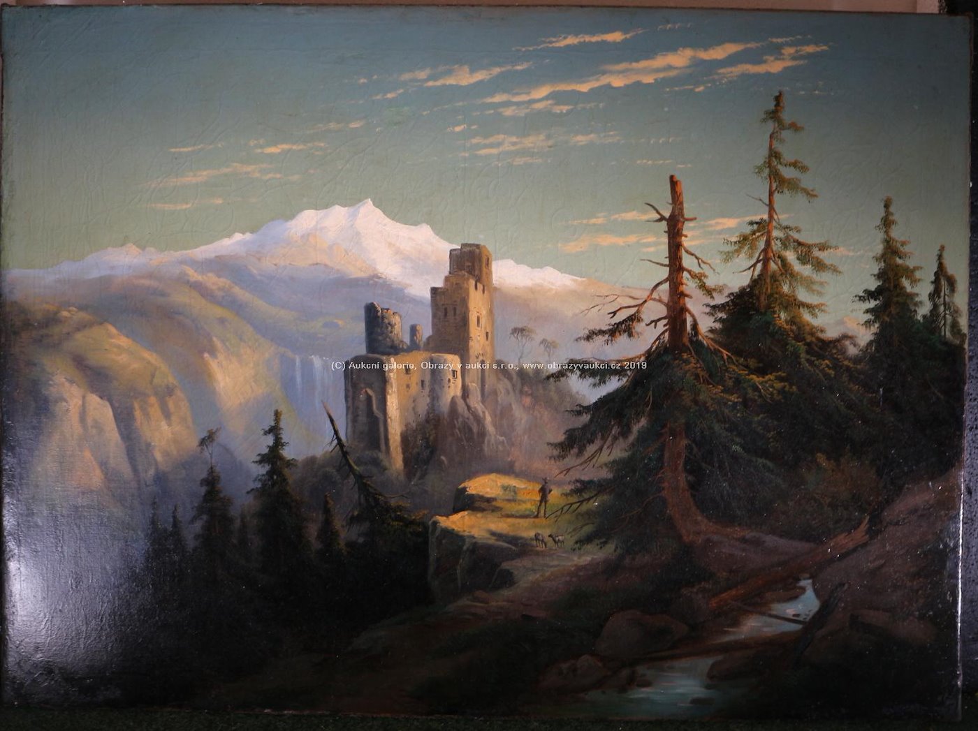 středoevropský malíř 19. stol. - Krajina s hradem v horách