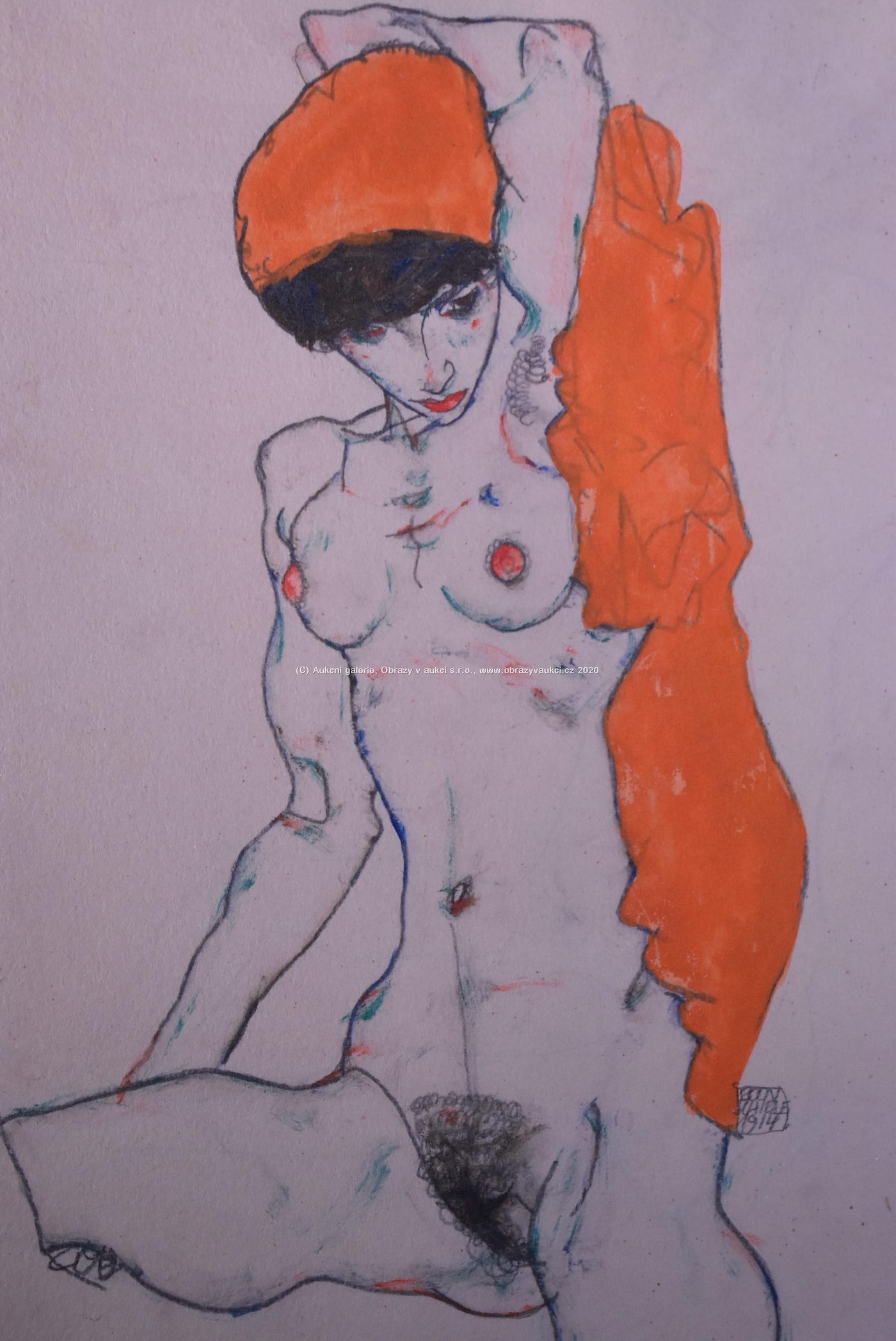 Egon Schiele - Stojící akt s oranžovou drapérií