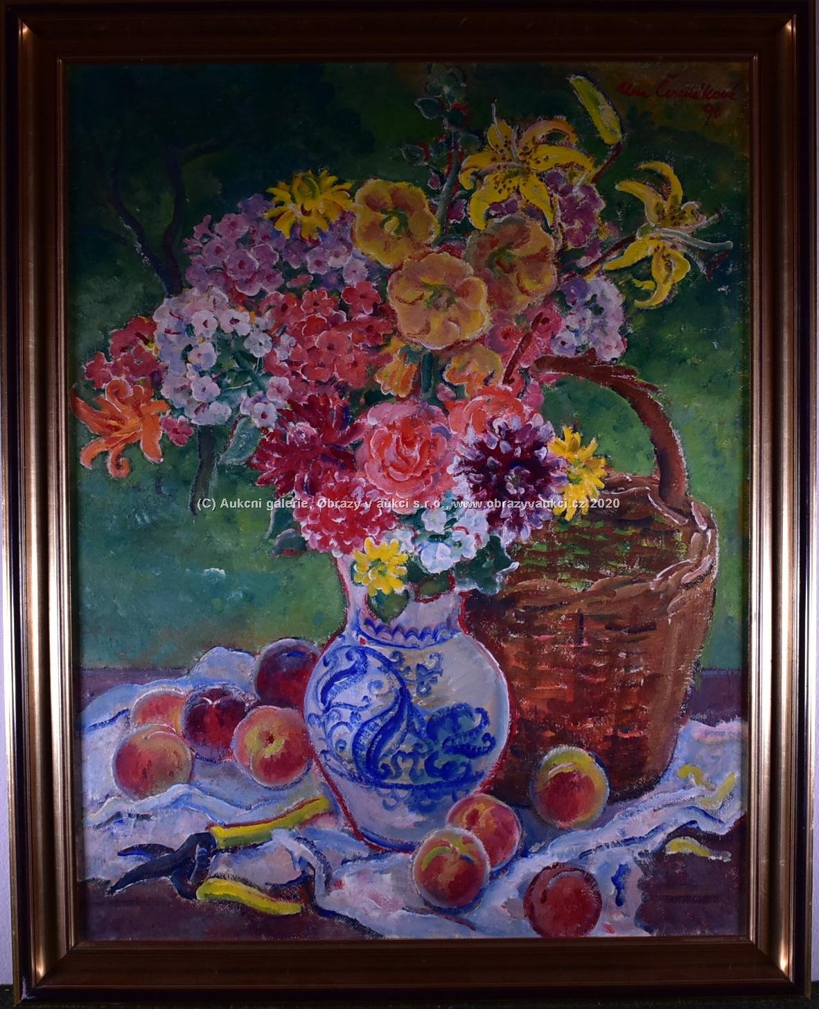 Alena Čermáková - Zátiši s květinou, ovocem a košíkem