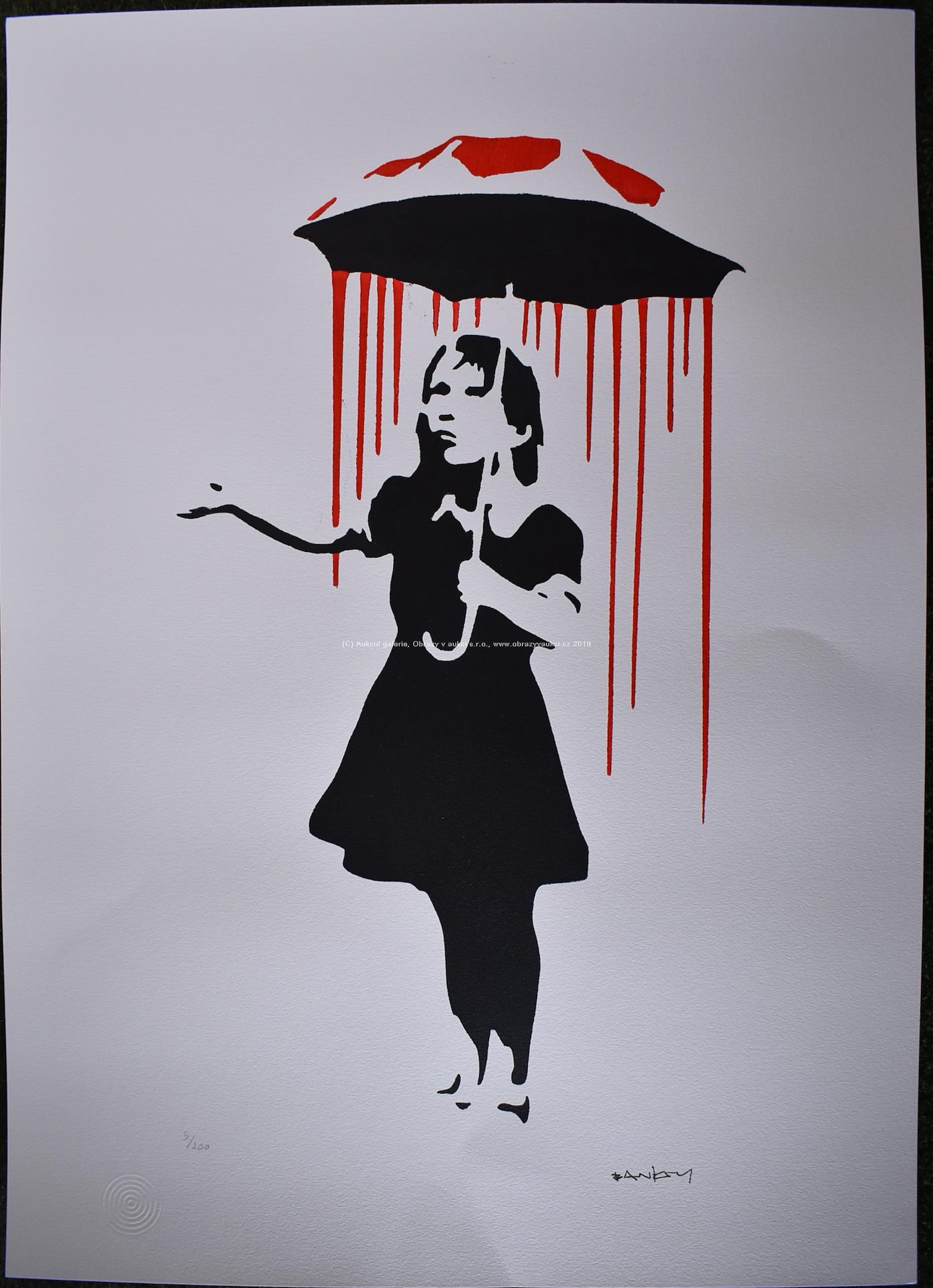 Banksy - Nola Girl with Umbrella Red Rain and Red Top