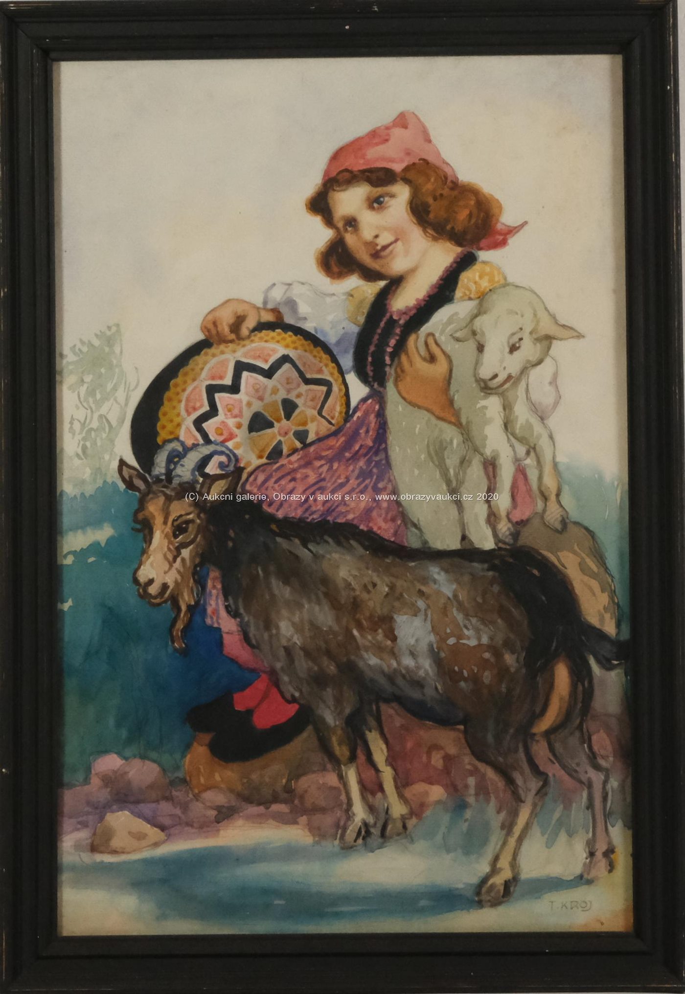 T. Kroj - Dívka s jehňátkem a kozou