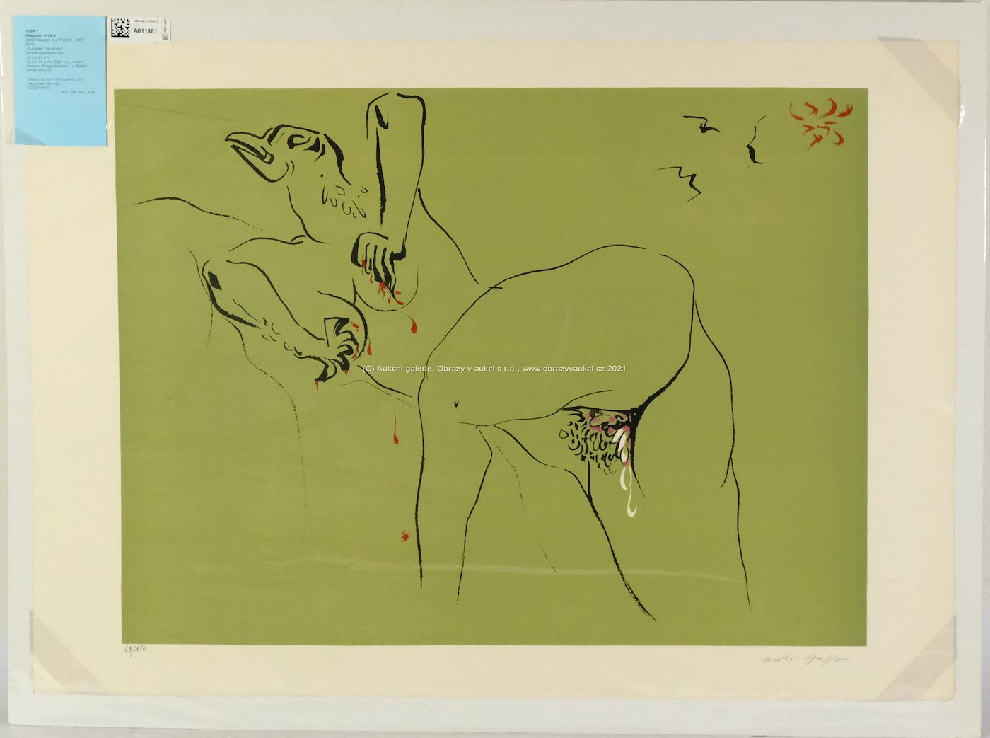 André Masson - Ženský akt s ptačí hlavou na zeleném pozadí