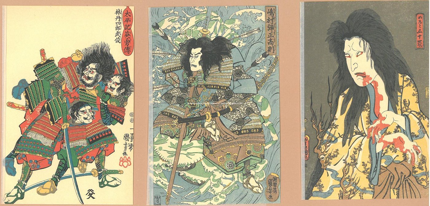 Čína - Samurajové a monstra – konvolut 5 staročínských barevných dřevorytů 