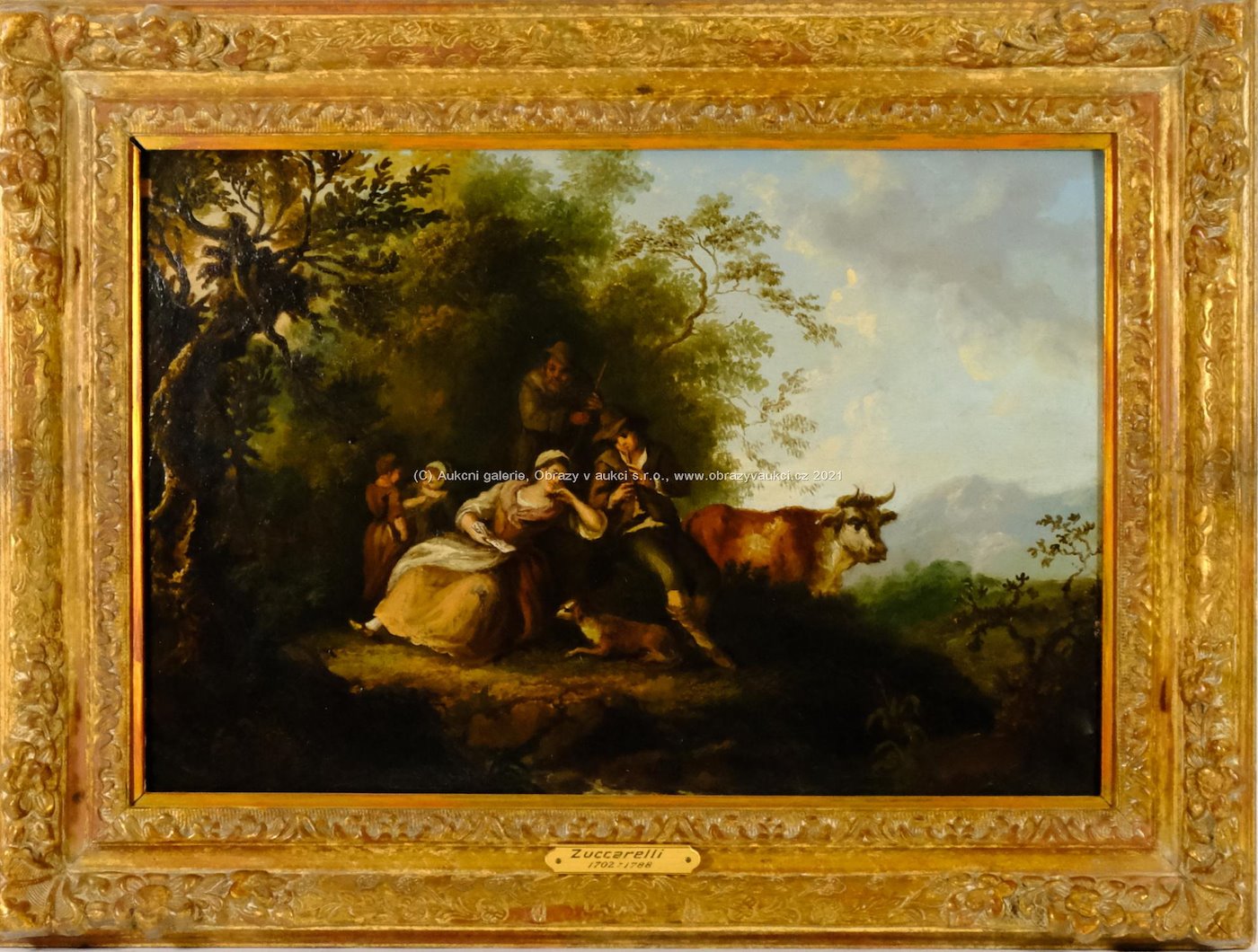 na rámu štítek Zuccarelli 1702–1788 - Odpočinek na kraji lesa