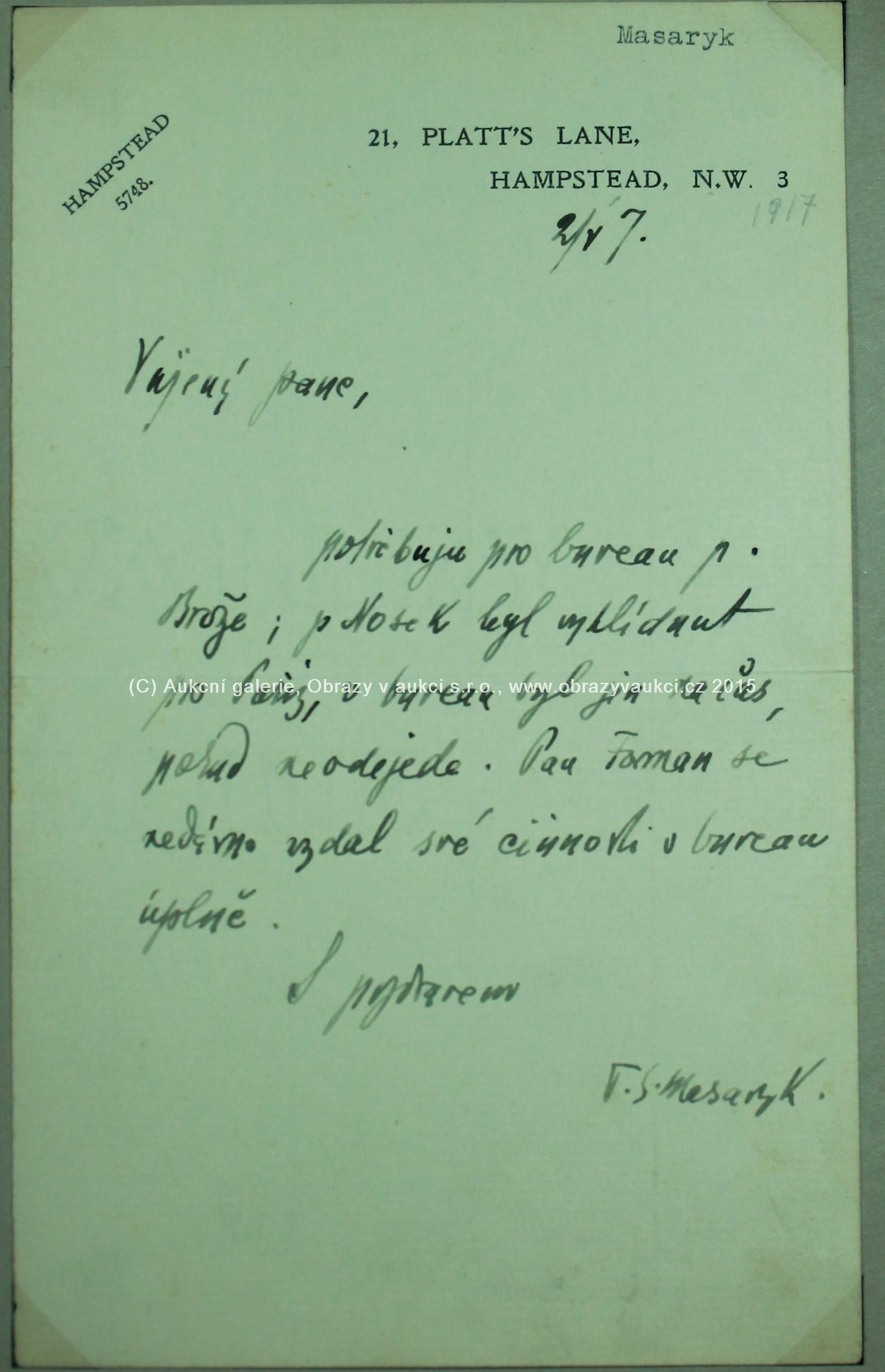 z roku 1917 - Dopis T. G. Masaryka