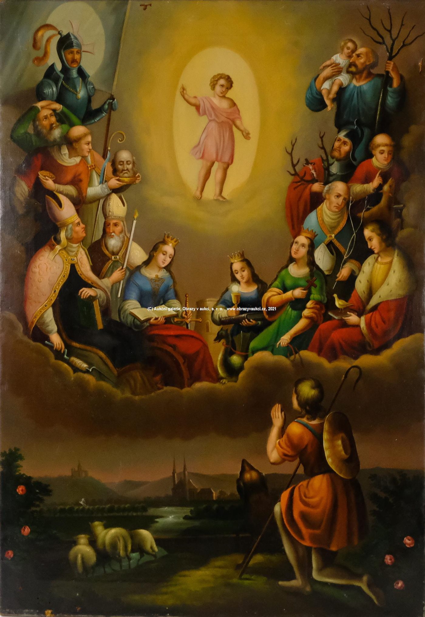 středoevropský malíř 19. století - Zjevení Čtrnácti svatých pomocníků s malým Ježíškem