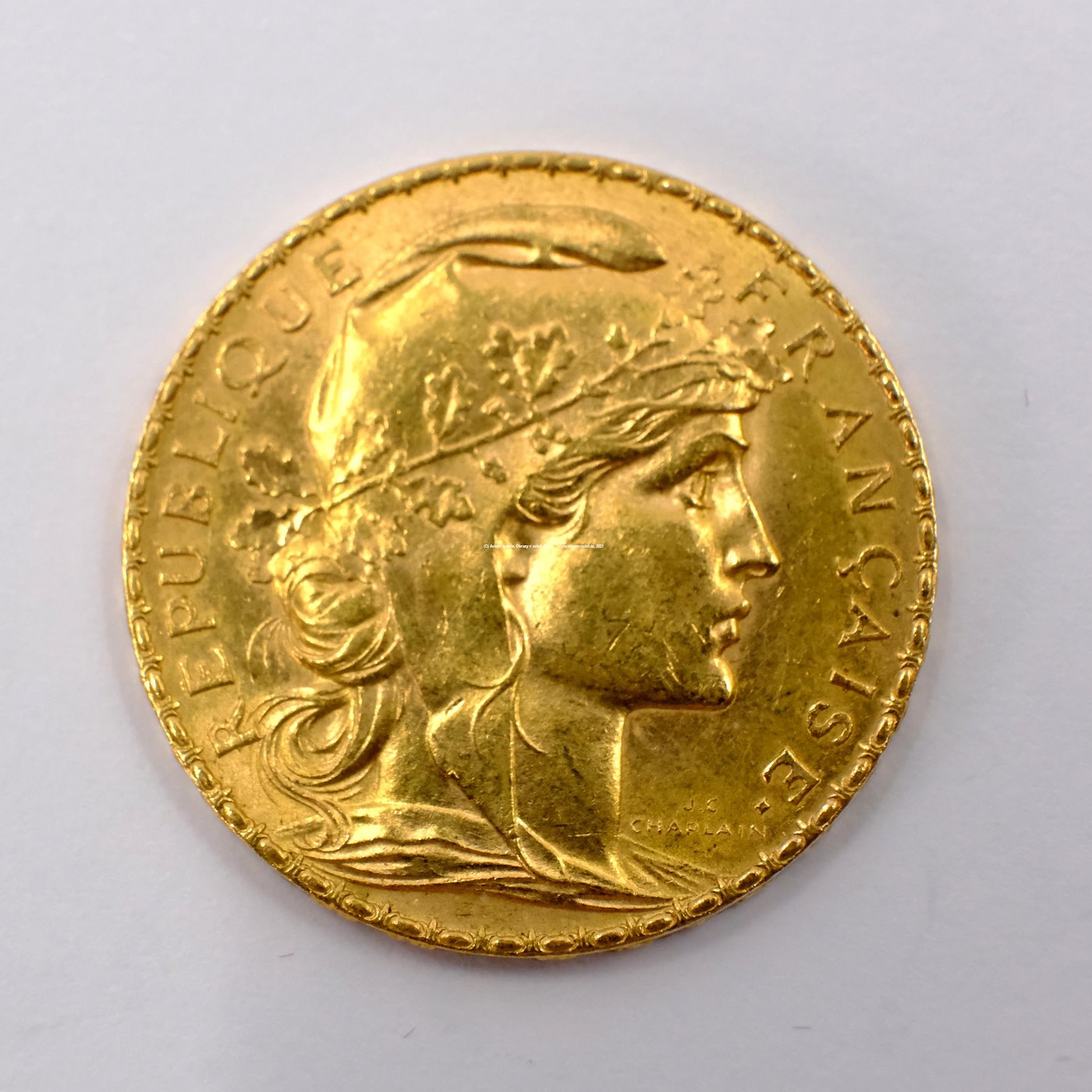 .. - Francie zlatý 20 frank ROOSTER 1907. Zlato 900/1000, hrubá hmotnost 6,44g