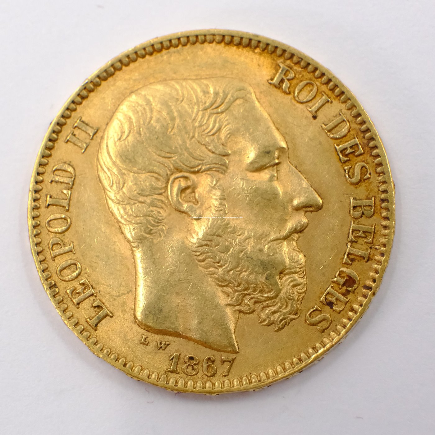 .. - Belgie zlatý 20 frank Leopold II. 1867. Zlato 900/1000, hrubá hmotnost 6,45g