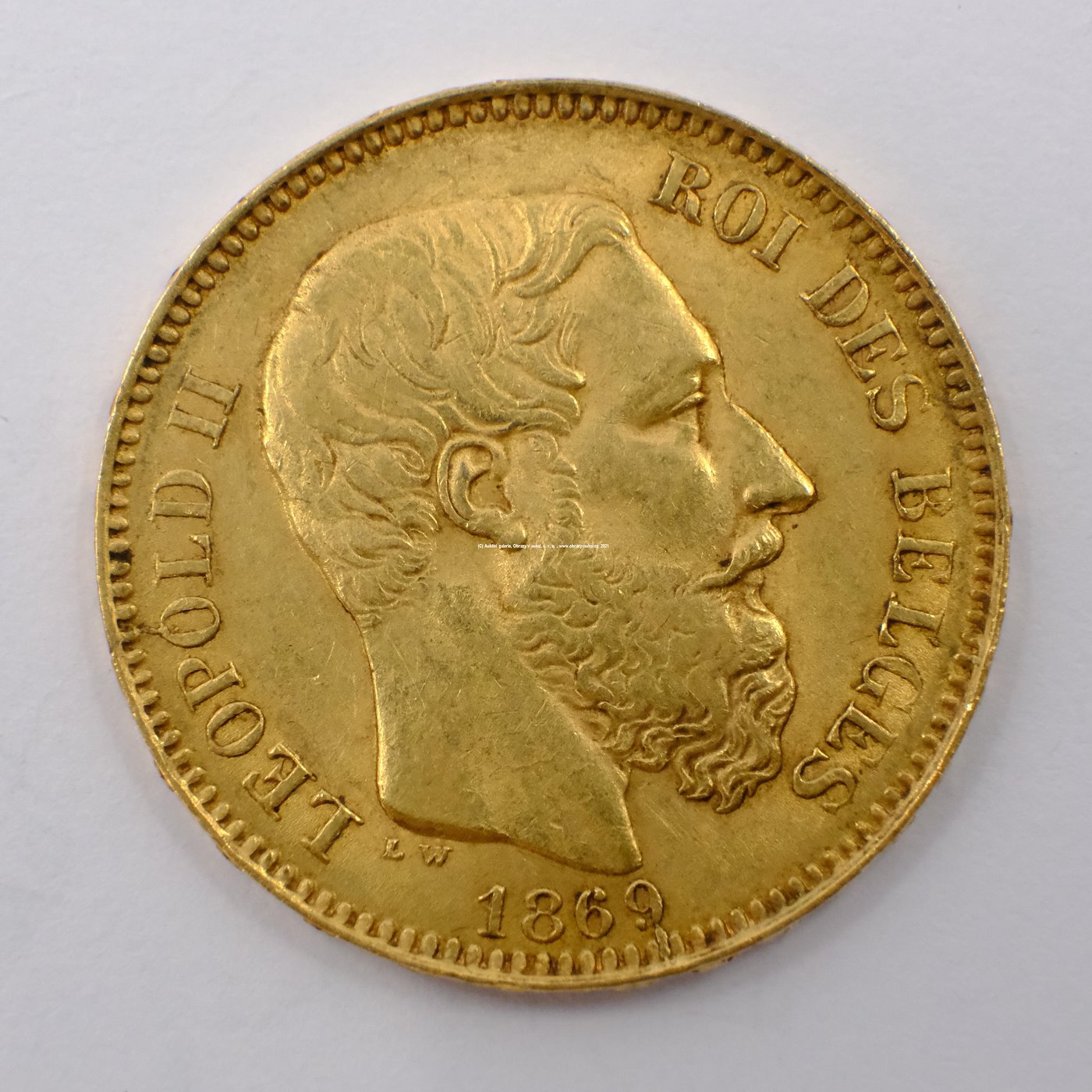 .. - Belgie zlatý 20 frank Leopold II. 1869. Zlato 900/1000, hrubá hmotnost 6,45g