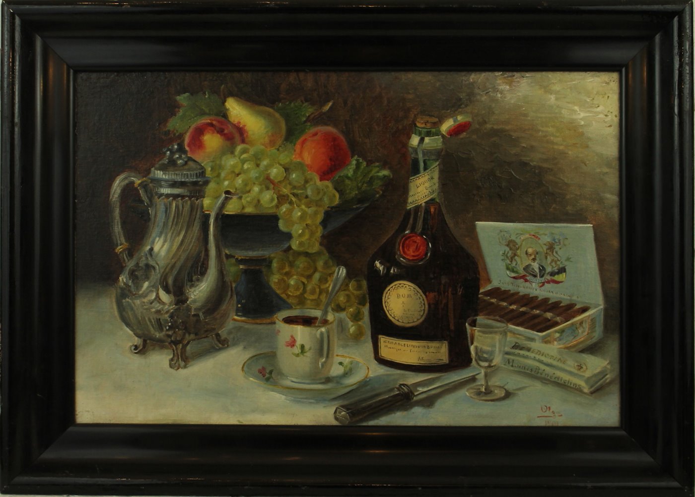Olga - Zátiší s ovocem, lahví likéru a doutníky