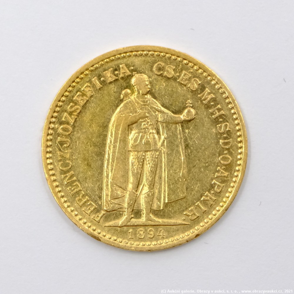 .. - Rakousko Uhersko zlatá 10 Koruna 1894 K.B.  uherská. Zlato 900/1000, hrubá hmotnost mince 3,387g