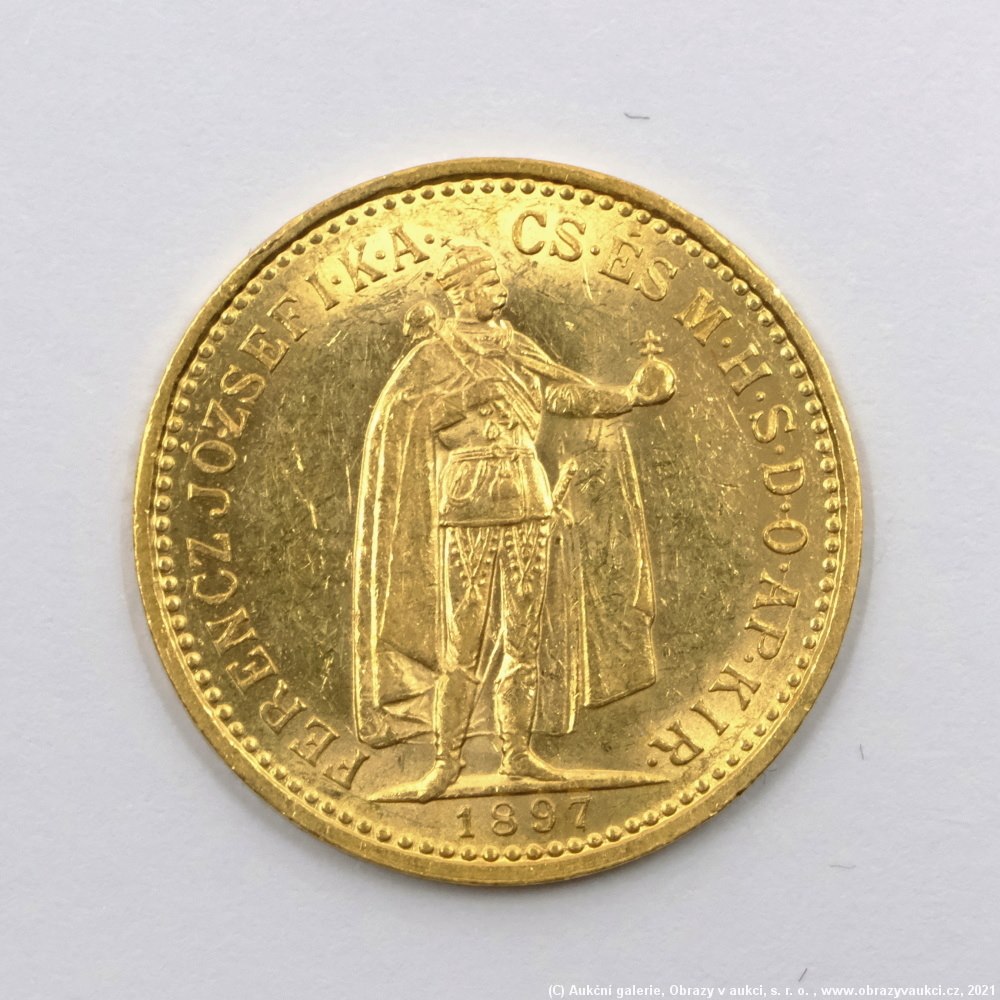 .. - Rakousko Uhersko zlatá 10 Koruna 1897 K.B.  uherská. Zlato 900/1000, hrubá hmotnost mince 3,387g