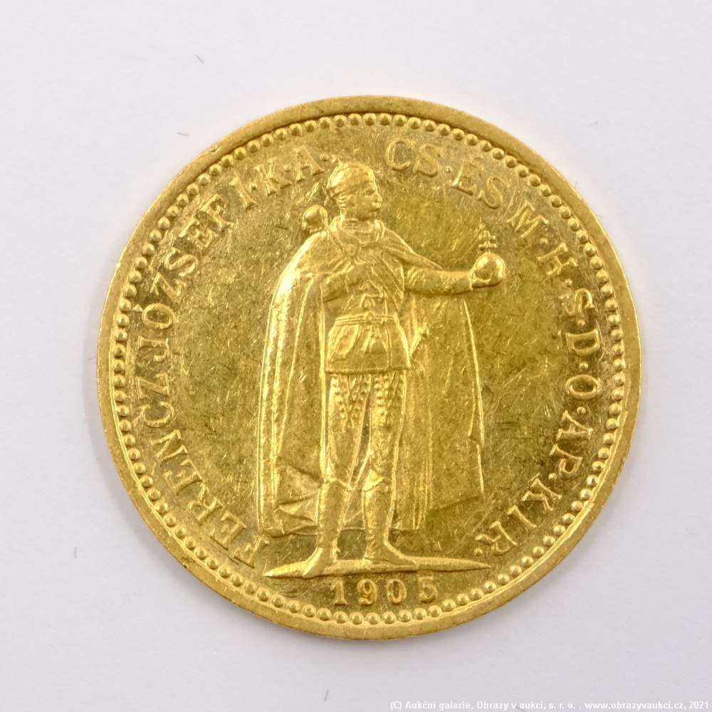 .. - Rakousko Uhersko zlatá 10 Koruna 1905 K.B. uherská. Zlato 900/1000, hrubá hmotnost mince 3,387g