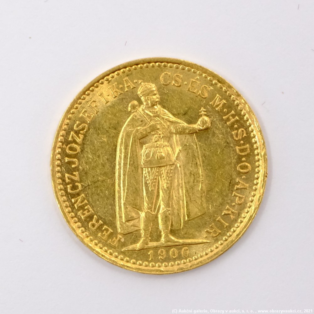 .. - Rakousko Uhersko zlatá 10 Koruna 1906 K.B. uherská. Zlato 900/1000, hrubá hmotnost mince 3,387g