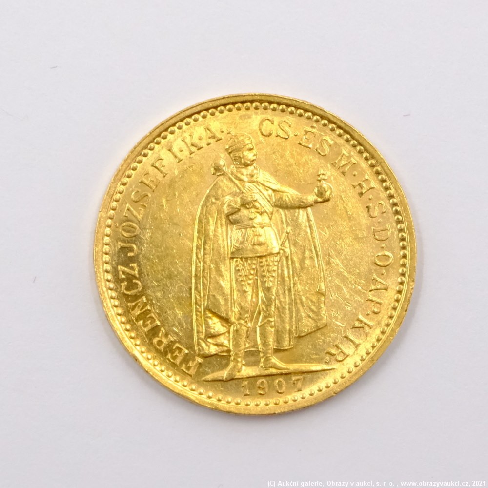 .. - Rakousko Uhersko zlatá 10 Koruna 1907 K.B. uherská. Zlato 900/1000, hrubá hmotnost mince 3,387g