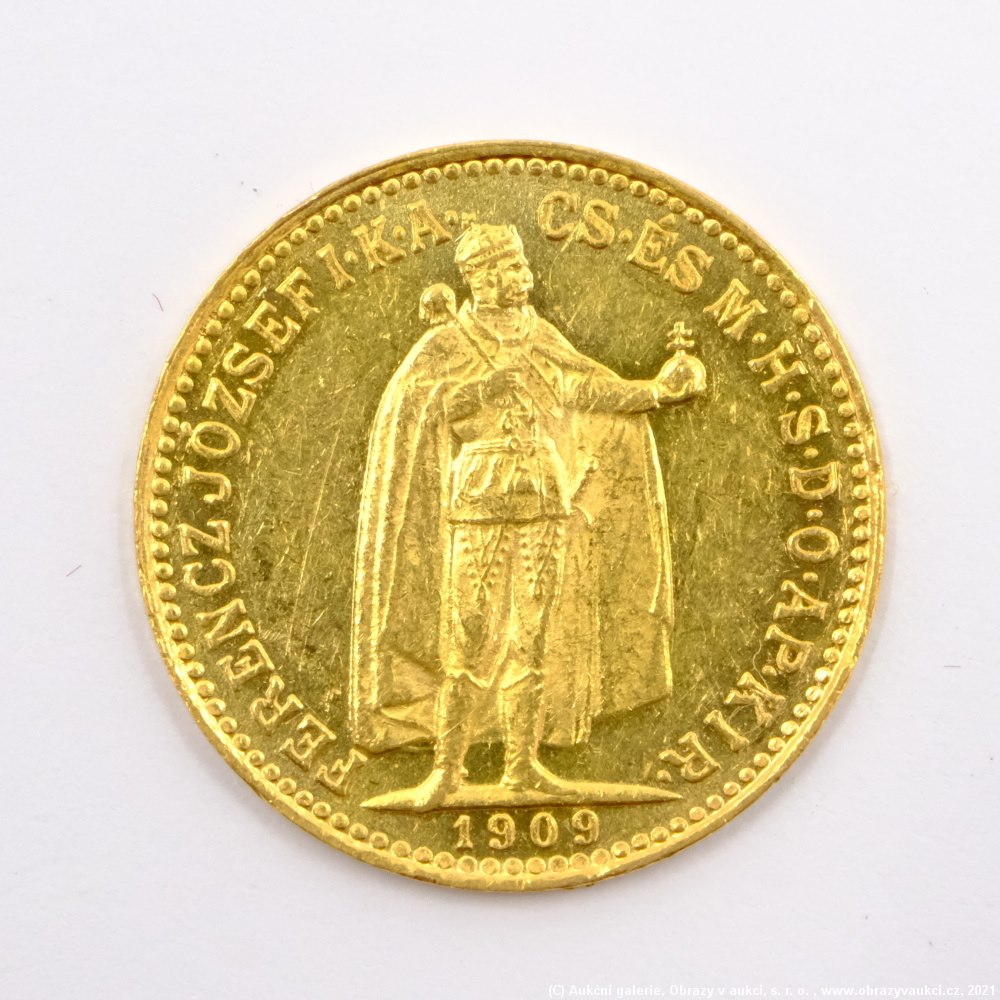 .. - Rakousko Uhersko zlatá 10 Koruna 1909 K.B. uherská.  Zlato 900/1000, hrubá hmotnost mince 3,387g