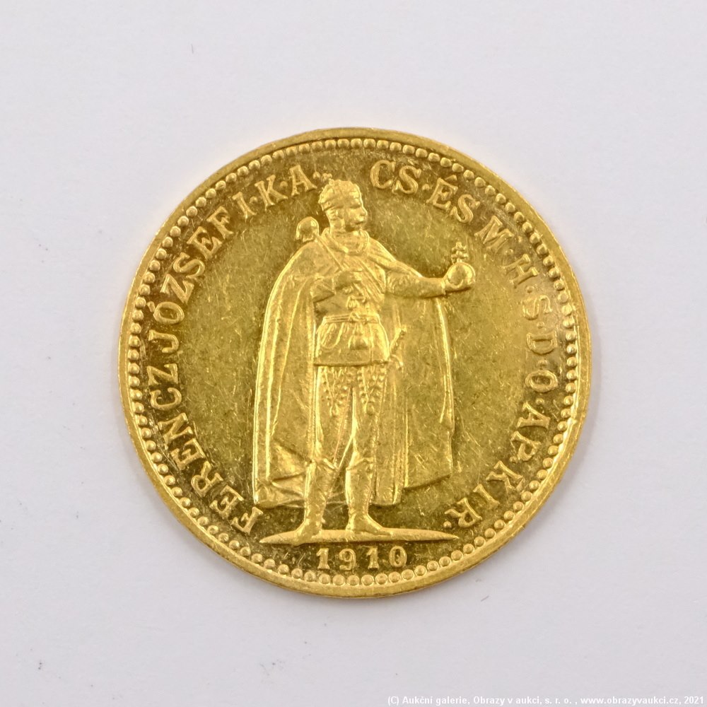 .. - Rakousko Uhersko zlatá 10 Koruna 1910 K.B. uherská. Zlato 900/1000, hrubá hmotnost mince 3,387g