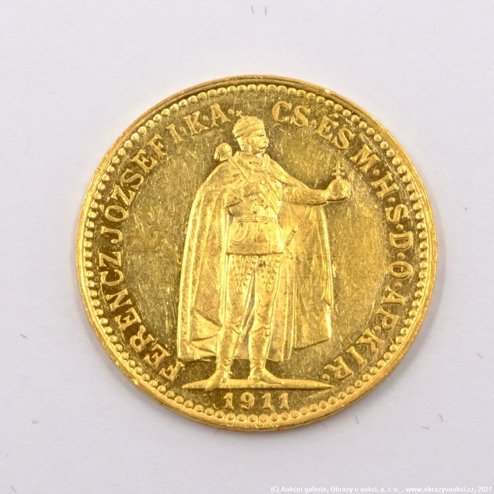 .. - Rakousko Uhersko zlatá 10 Koruna 1911 K.B. uherská. Zlato 900/1000, hrubá hmotnost mince 3,387g
