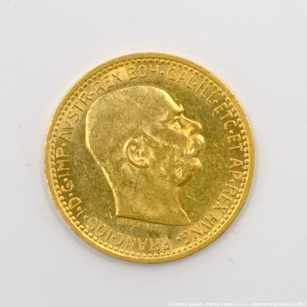 .. - Rakousko Uhersko zlatá 10 Koruna 1909 Schwartz rakouská. Zlato 900/1000, hrubá hmotnost mince 3,387g