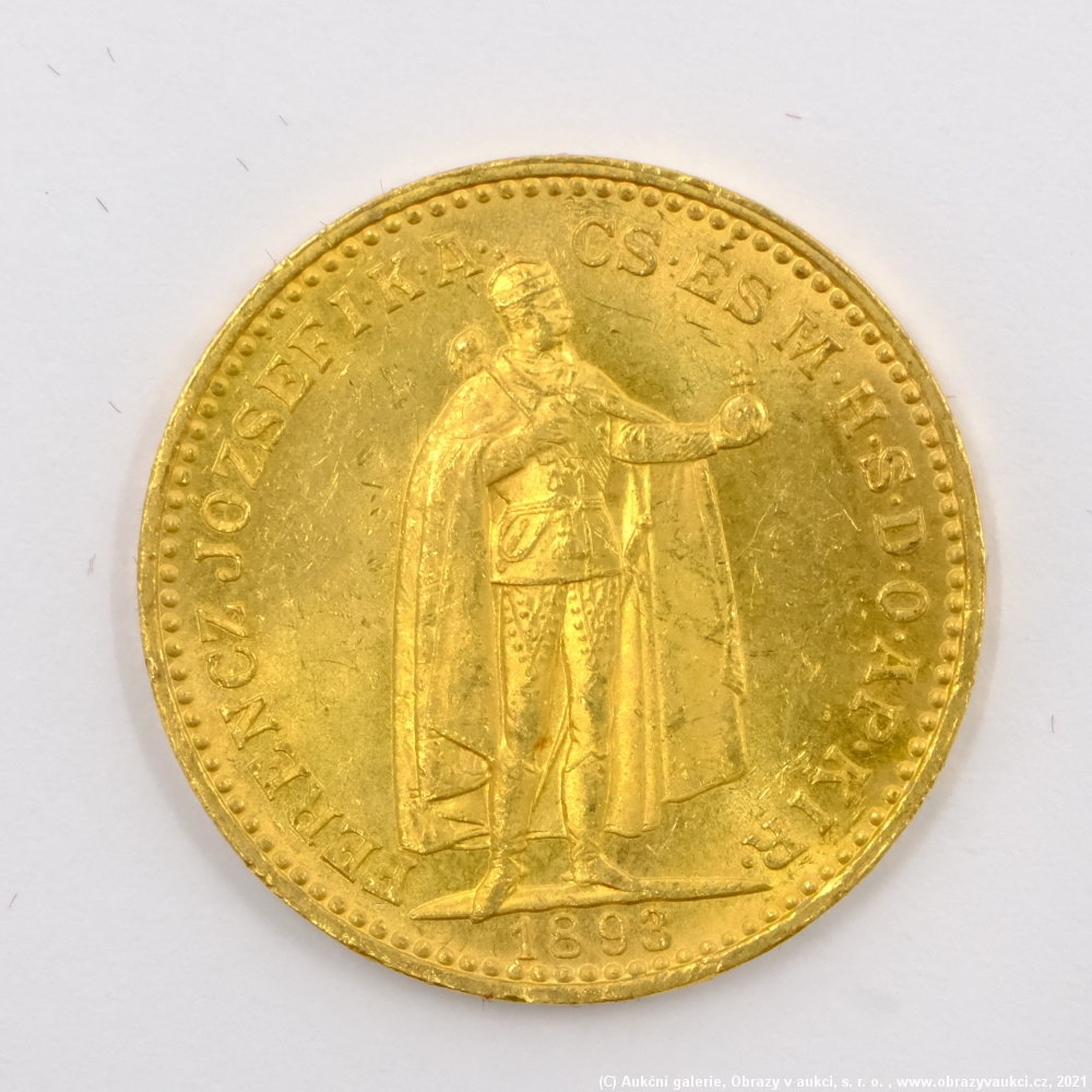 .. - Rakousko Uhersko zlatá 20 Koruna 1893 K.B. uherská. Zlato 900/1000, hrubá hmotnost mince 6,78g