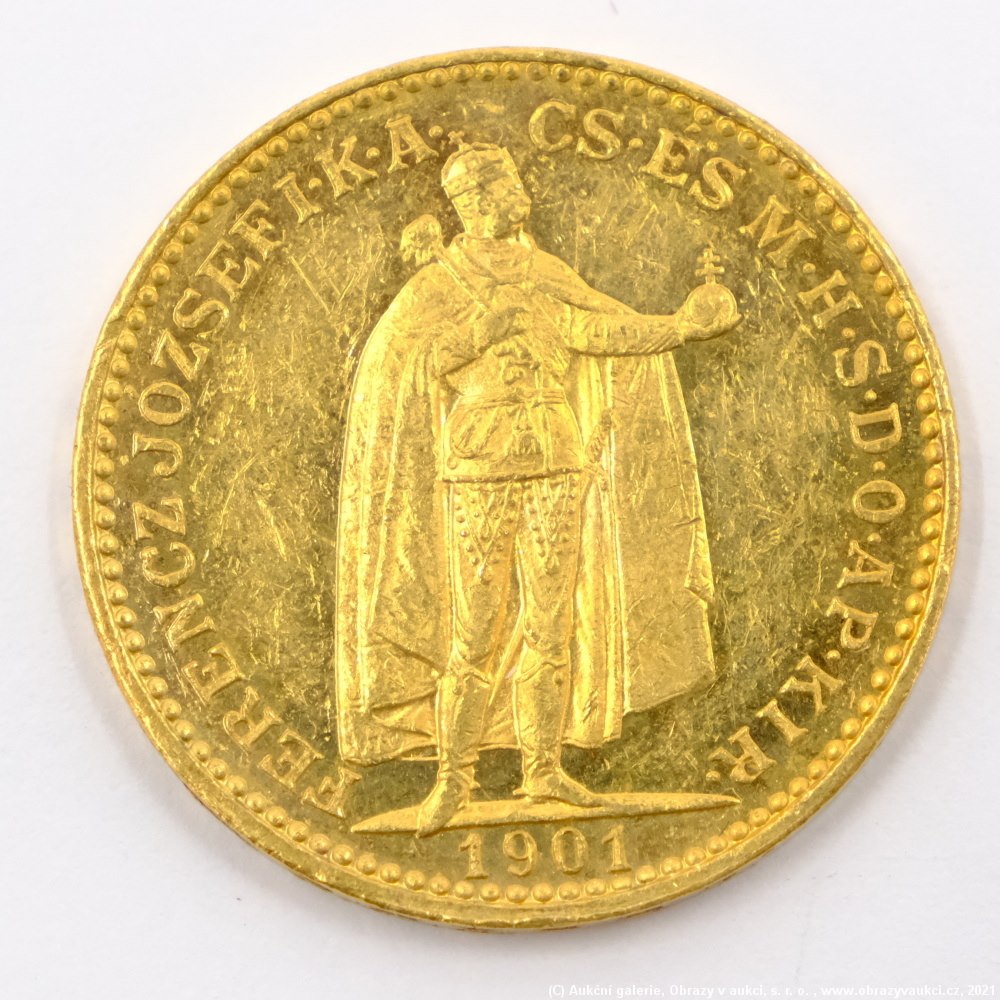 .. - Rakousko Uhersko zlatá 20 Koruna 1901 uherská. Zlato 900/1000, hrubá hmotnost mince 6,78g