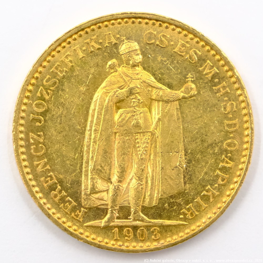 .. - Rakousko Uhersko zlatá 20 Koruna 1903 uherská. Zlato 900/1000, hrubá hmotnost mince 6,78g