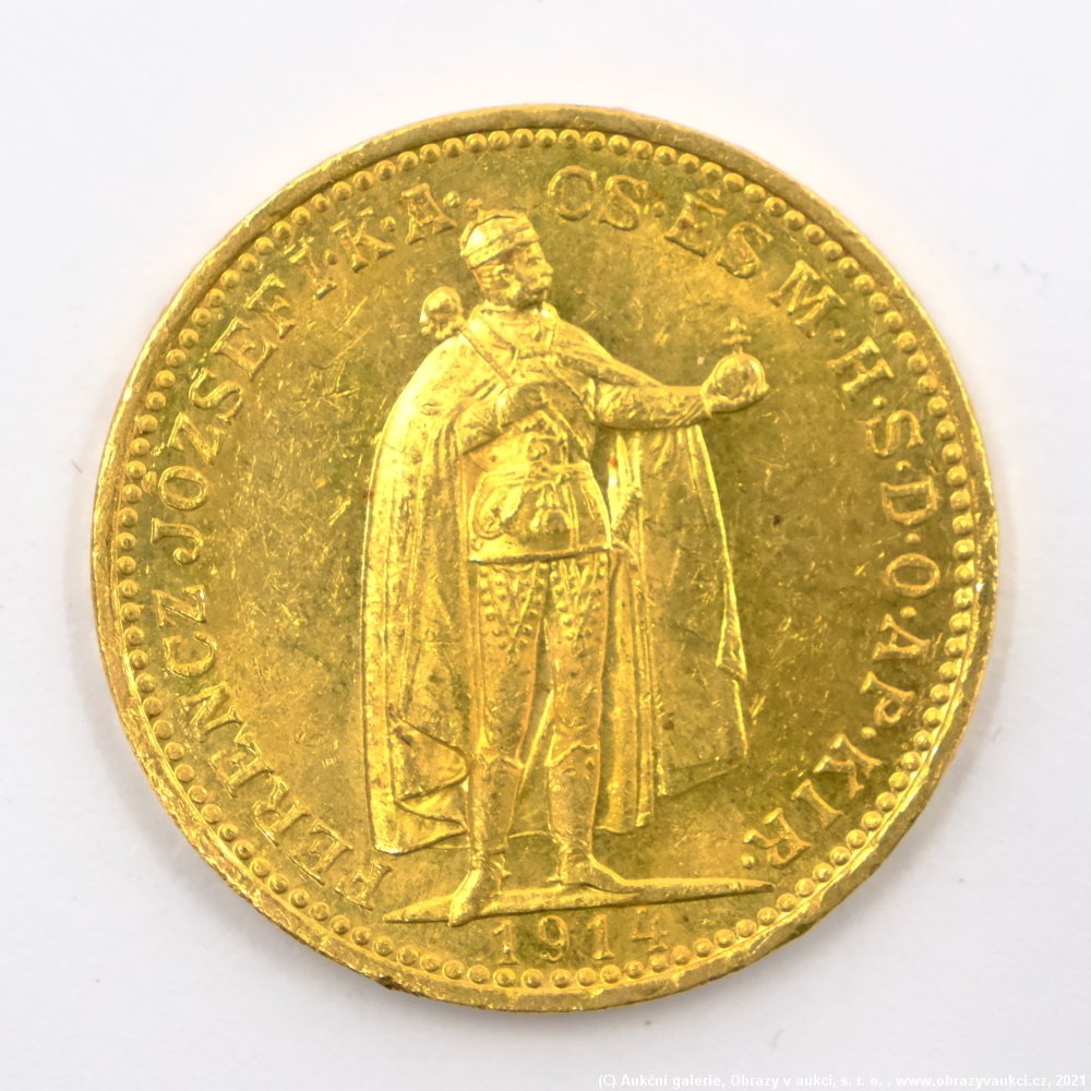 .. - Rakousko Uhersko zlatá 20 Koruna 1914 uherská. Zlato 900/1000, hrubá hmotnost mince 6,78g