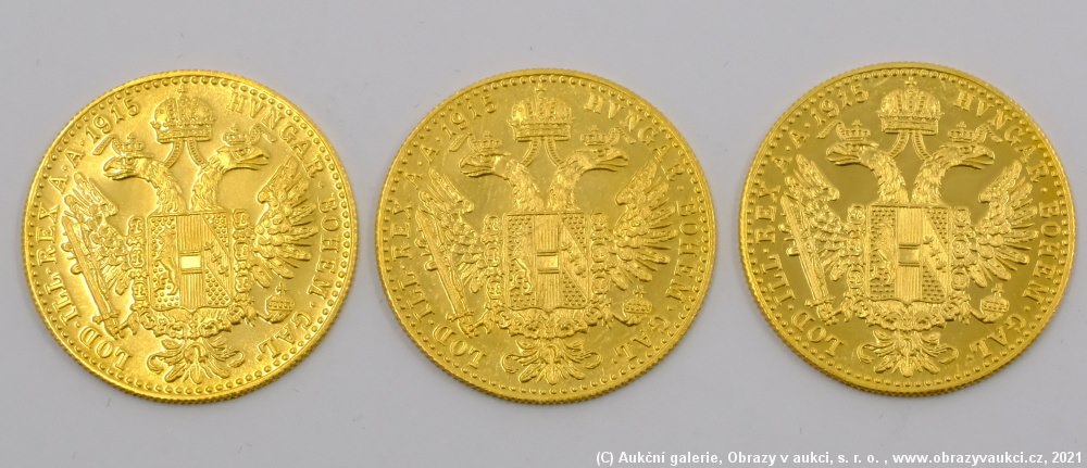 .. - Rakousko Uhersko zlatý 1 dukát 1915 pokračující ražba !!! 3 KUSY!!! Zlato 986/1000, hrubá hmotnost mince 10,473g