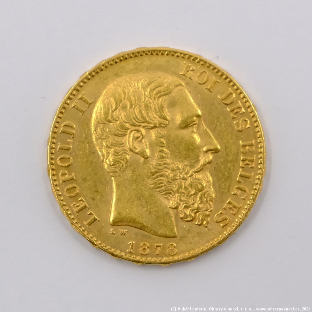 .. - Belgie zlatý 20 frank Leopold II. 1878. Zlato 900/1000, hrubá hmotnost 6,45g