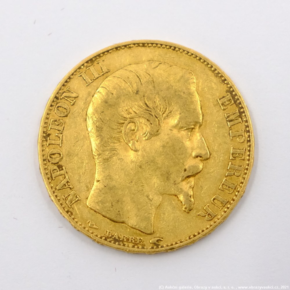 .. - Francie, zlatý 20 frank NAPOLEON III. 1854 A. Zlato 900/1000, hrubá hmotnost 6,45g