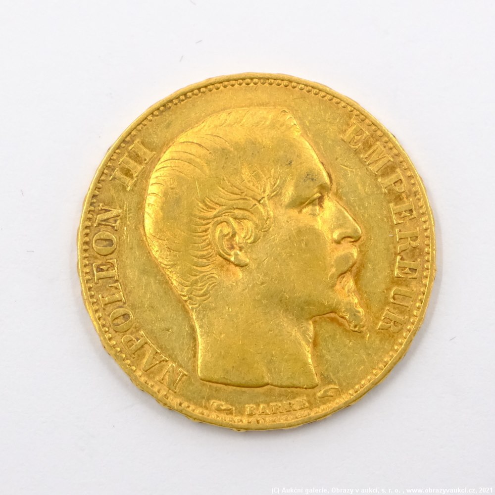 .. - Francie, zlatý 20 frank NAPOLEON III. 1855 A. Zlato 900/1000, hrubá hmotnost 6,45g