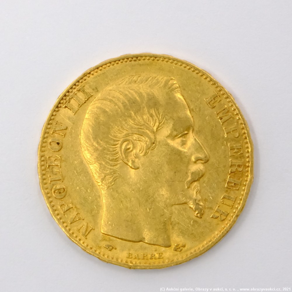 .. - Francie, zlatý 20 frank NAPOLEON III. 1856 A. Zlato 900/1000, hrubá hmotnost 6,45g