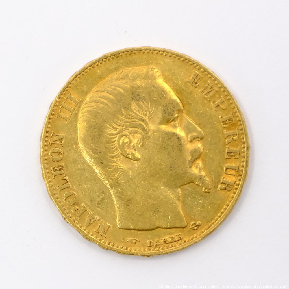 .. - Francie, zlatý 20 frank NAPOLEON III. 1857 A. Zlato 900/1000, hrubá hmotnost 6,45g