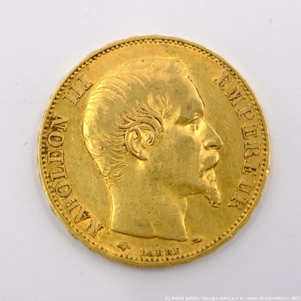 .. - Francie, zlatý 20 frank NAPOLEON III. 1858 A. Zlato 900/1000, hrubá hmotnost 6,45g