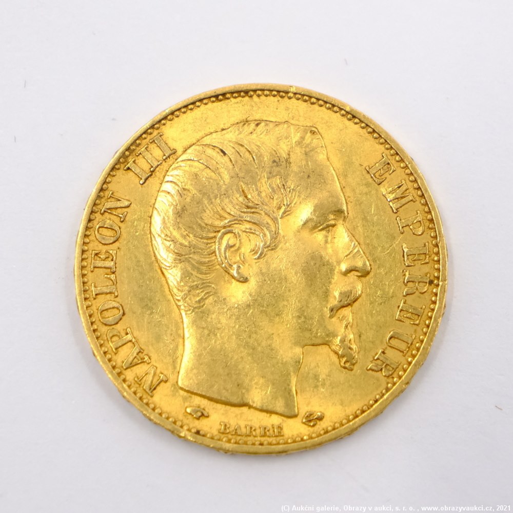 .. - Francie, zlatý 20 frank NAPOLEON III. 1859 A. Zlato 900/1000, hrubá hmotnost 6,45g