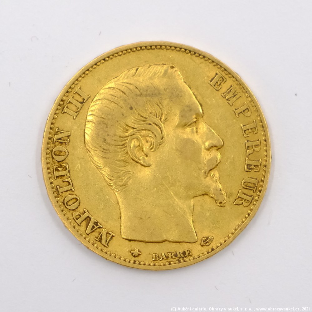 .. - Francie, zlatý 20 frank NAPOLEON III. 1860 BB. Zlato 900/1000, hrubá hmotnost 6,45g