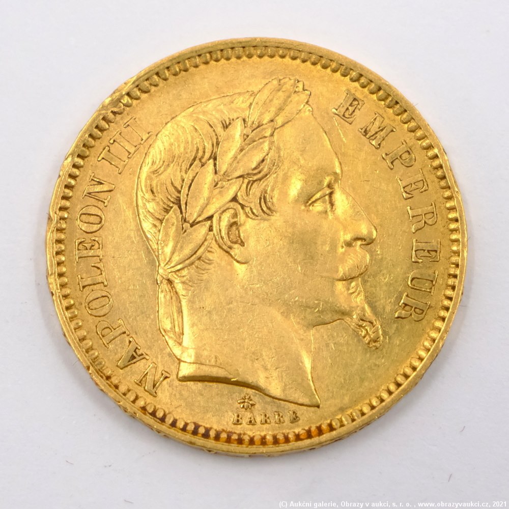 .. - Francie, zlatý 20 frank NAPOLEON III. 1863 A. Zlato 900/1000, hrubá hmotnost 6,45g