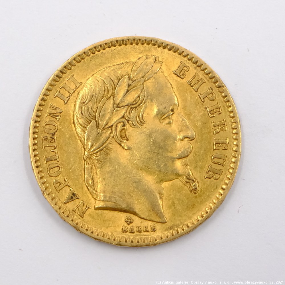 .. - Francie, zlatý 20 frank NAPOLEON III. 1866 BB. Zlato 900/1000, hrubá hmotnost 6,45g