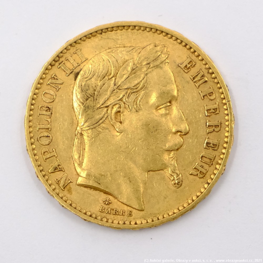 .. - Francie, zlatý 20 frank NAPOLEON III. 1867 A. Zlato 900/1000, hrubá hmotnost 6,45g