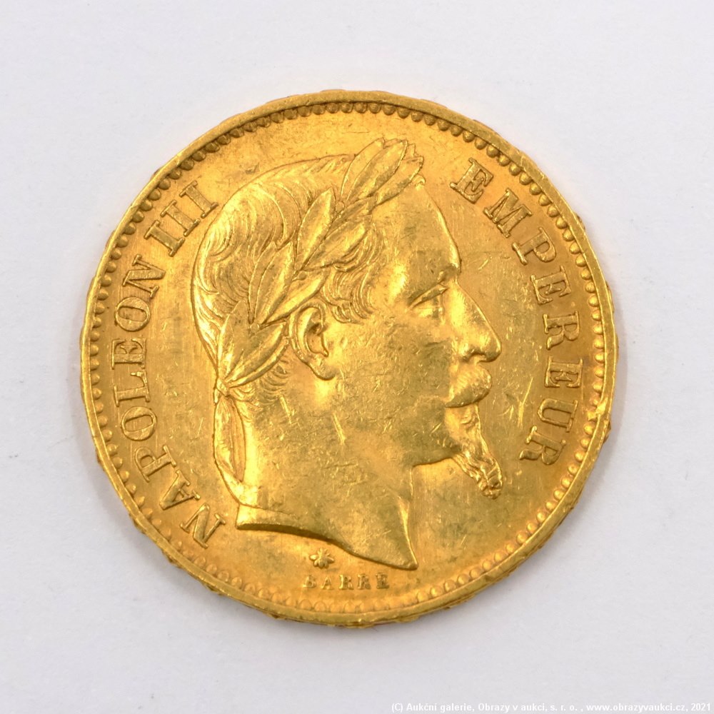 .. - Francie, zlatý 20 frank NAPOLEON III. 1868 A. Zlato 900/1000, hrubá hmotnost 6,45g