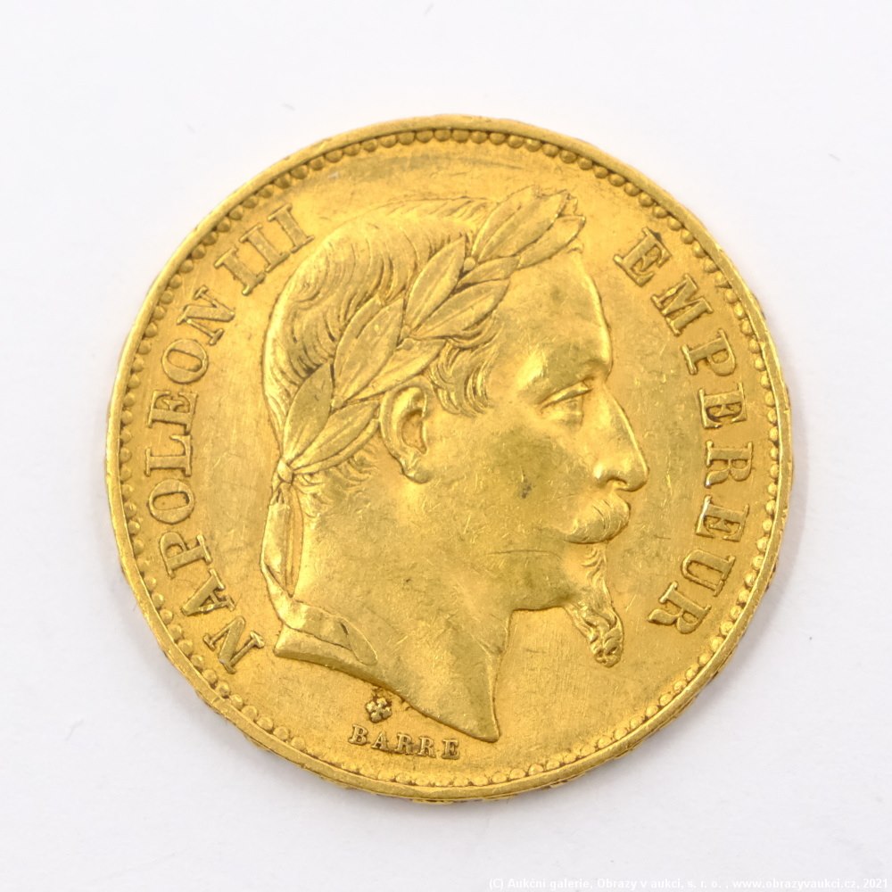 .. - Francie, zlatý 20 frank NAPOLEON III. 1869 BB. Zlato 900/1000, hrubá hmotnost 6,45g