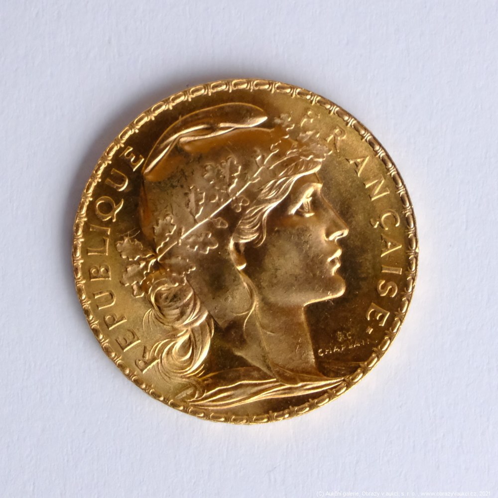 .. - Francie, zlatý 20 frank ROOSTER 1907. Zlato 900/1000, hrubá hmotnost 6,44g
