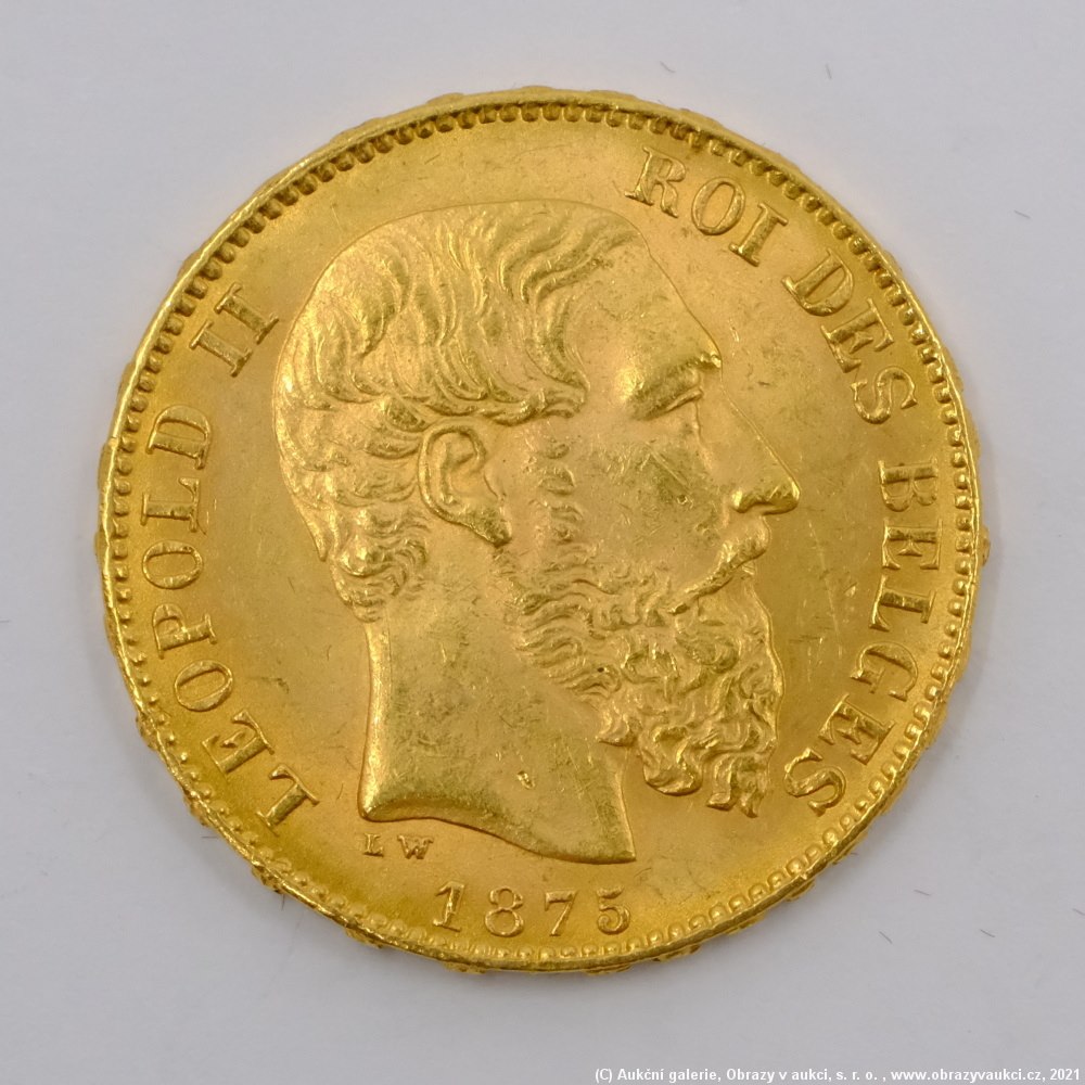 .. - Belgie, zlatý 20 frank Leopold II. 1875. Zlato 900/1000, hrubá hmotnost 6,45g