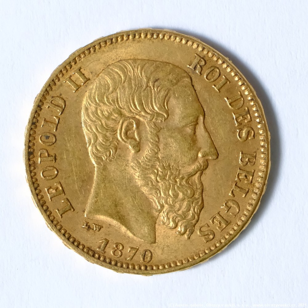 .. - Belgie, zlatý 20 frank Leopold II. 1870. Zlato 900/1000, hrubá hmotnost 6,45g