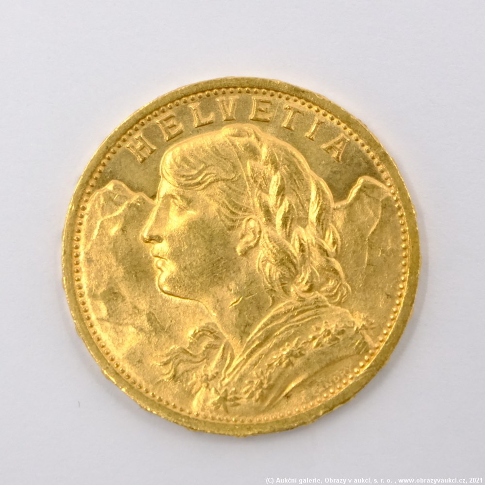 .. - Švýcarsko, zlatý 20 frank VRENELI 1909. Zlato 900/1000, hrubá hmotnost 6,5g