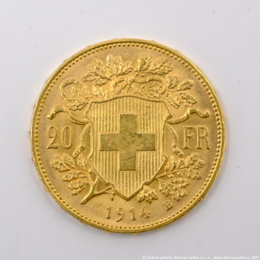 .. - Švýcarsko, zlatý 20 frank VRENELI 1914. Zlato 900/1000, hrubá hmotnost 6,5g